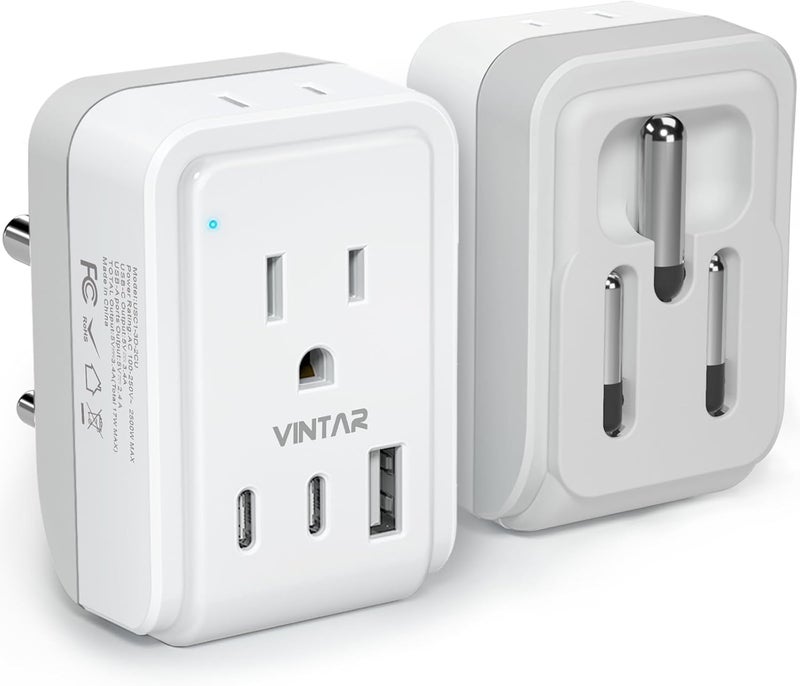 VINTAR محول قابس من الولايات المتحدة إلى الهند، محول طاقة هندي قابل للطي مع 2 مخرج و 3 منافذ USB (2 USB C)، محول نوع D 5 في 1 من الولايات المتحدة إلى الهند بنغلاديش جزر المالديف باكستان سريلانكا - Image 1